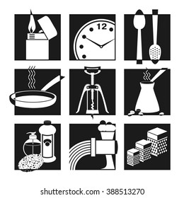 Set of kitchen icons on a black background vector