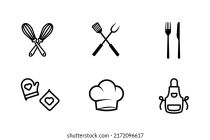 Set of kitchen icons in outline style. Thin line icons such as apron, chef's hat, potholders, spatula, fork, knife, beaters. Can be used for wallpaper, pattern fills, textile, web page background