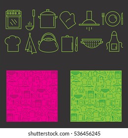 Set of kitchen icons and patterns. Vector illustration.