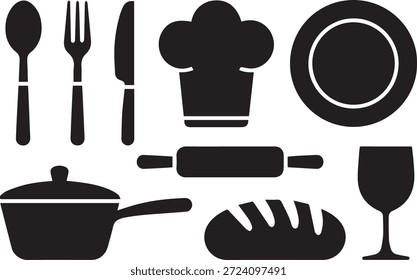 Conjunto de iconos de cocina en estilo silueta, aislados sobre un fondo blanco, perfecto para cocinar, proyectos de diseño culinario, restaurante, hogar y de temática alimentaria.