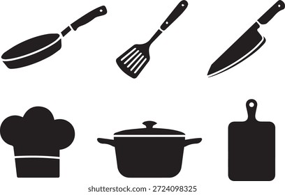 Set of kitchen icons in silhouette style, isolated on a white background, perfect for cooking, culinary, restaurant, home, and food-themed design projects.