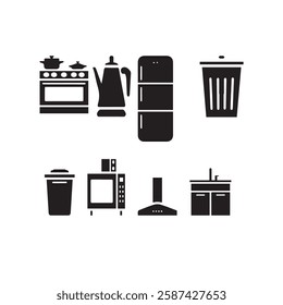 A set of Kitchen icons silhouette vector art illustrations.