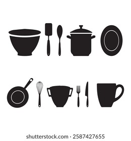 A set of Kitchen icons silhouette vector art illustrations.