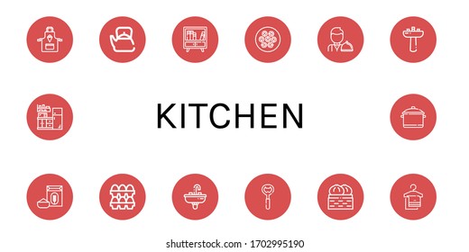 Set of kitchen icons. Such as Apron, Teapot, Buffet, Dumpling, Waiter, Washbasin, Flour, Eggs, Sink, Bottle opener, Towel, Kitchen, Pot , kitchen icons