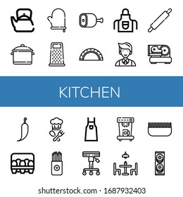 Set of kitchen icons. Such as Teapot, Pot, Oven mitt, Grater, Ham, Cheburek, Apron, Waiter, Rolling pin, Slicer, Hot pepper, Eggs, Cook, Salty, Stool, Coffee machine , kitchen icons