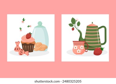 Set of kitchen illustrations. Cookies in a jar and sweet cake. candies and a teapot with a cup. Fresh strawberries. Vector illustration