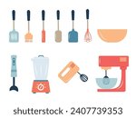 Set of kitchen items for baking. Kitchenware. Vector flat illustration mixer, planetary mixer, blender, bowl.