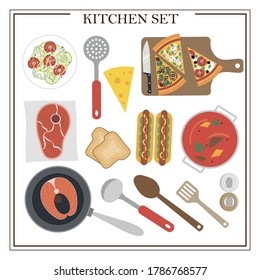 Set of kitchen items and dishes for dinner. Vector illustration of a dining table with soup, hot dogs, salad, pizza, fish, meat, juice and appliances. Flat design for a restaurant, menu, home interior