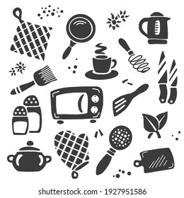 A set of kitchen items: kettle, frying pan, microwave oven, knife, cup, glove, seasoning, salt. Vector isolated black and white illustration silhouette. Hand drawn style