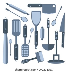 A set of kitchen items for the kitchen. The knife blade, a hammer, a rolling pin. Design elements in a flat style. Isolated vector illustration