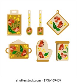 Conjunto de artículos de cocina de estilo nacional con un fondo blanco