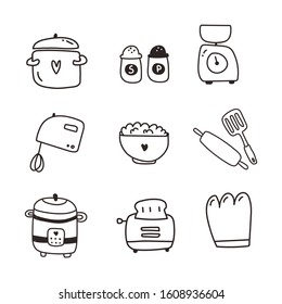 Set of kitchen items: pan, mixer, pepper, salt, mixer, toaster, rolling pin on an isolated background. Hand drawing, vector. Kitchen concept: logo, website, menu.