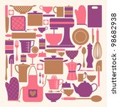 A set of kitchen items in pink, purple and brown.