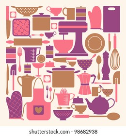 A set of kitchen items in pink, purple and brown.