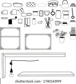 a set of kitchen items, shelves, dishes, potted flowers, a lamp. Each separately, you can make your own compositions. A linear pattern. Vector graphics