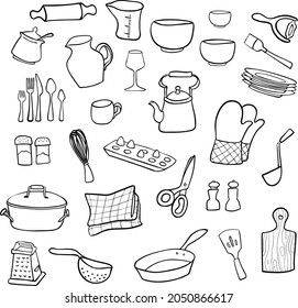 set of kitchen items and kitchen tools in doodle style. suitable for recipes