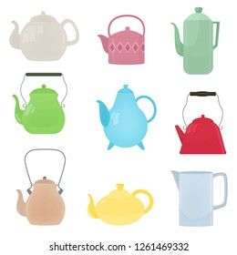 Set of kitchen kettle of different shapes, beautifully painted colored kettles for brewing tea and water.