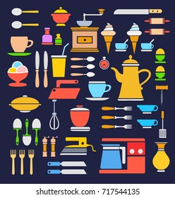 A set of kitchen kitchenware utensils of different colors. Silhouettes of house things