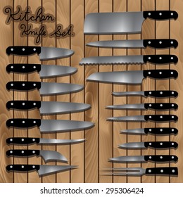 Set Kitchen Knife On Wood Texture Background. Vector Illustration