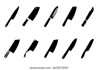 Set of kitchen knife silhouette. Set of black kitchen knives. Set of knives icons