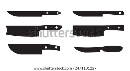 set of kitchen knife silhouette, Stainless cleaver, carving and chopping, chefs, filleting, boning and paring knives with black handles, Kitchen Knifes Silhouette Various Collection Set
