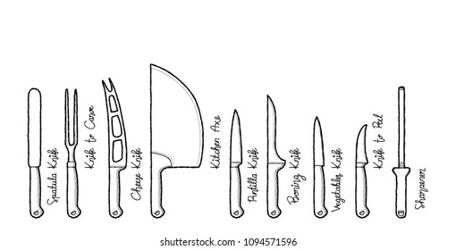 Set of Kitchen Knife Vector Illustration Hand Drawn Cartoon Art