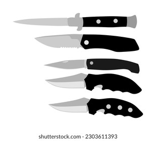 Conjunto de ilustración de silueta vectorial de cuchillo de cocina aislada en fondo blanco. Herramienta principal para la cocina en casa o restaurante. Equipo militar de cazadores con cuchillos. Colección Knives.