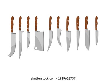 Juego de cuchillos de cocina sobre fondo blanco. Ilustración del vector