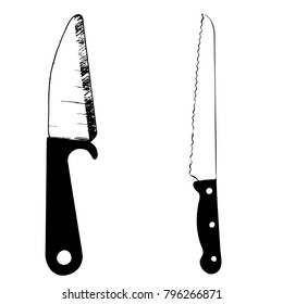 Set with kitchen knifes. Vector hand drawn  illustration isolated on white background. EPS 10