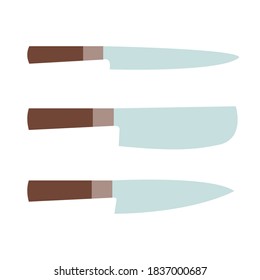 Juego de cuchillos de cocina. Hojas grandes y pequeñas. Mango de madera. Ilustración del vector