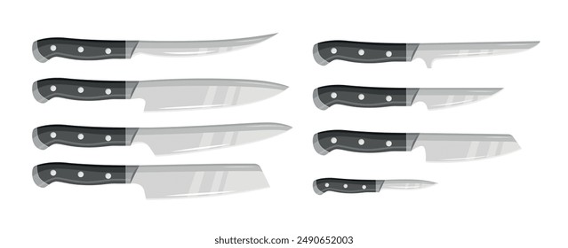 Ein Satz Küchenmesser mit einem schwarzen Griff. Satz professioneller Messer für ein Restaurant