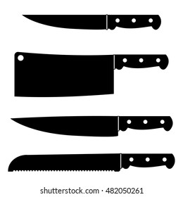 Set of kitchen knives in a black-and-white. Vector illustration. Utility knife, cleaver knife, chef's knife, bread knife. Kitchenware.