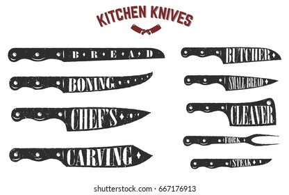 Set of kitchen knives. Butcher knives on white background. Vector illustration