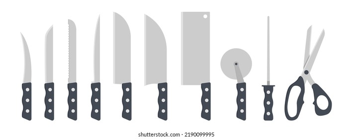 Set of kitchen knives clipart vector illustration. Knife with plastic handle flat design. Peel, vegetable, fillet, santoku, cleaver, pizza cutter, knife sharpener, scissors. Kitchen concept icon logo