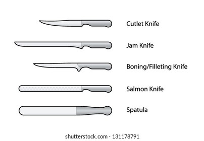 A set of kitchen knives - cutlet, jam, boning/filleting, salmon and a spatula.