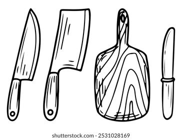 Set cuchillos de cocina con tabla de cortar dibujado a mano doodle. Dispositivo de corte de alimentos. Vajilla. Cuchillo para picar carne y verduras. Tablero de madera. Utensilios domésticos. Vector boceto línea ilustración de arte.