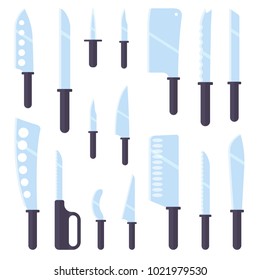 A set of kitchen knives for cutting meat, vegetables, bread and other products. Flat vector illustration.