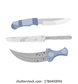 Un juego de cuchillos de cocina y un cuchillo decorativo. Cuchillo para carne y comida en rodajas. Tipos de cuchillos en un fondo blanco. Armamento frío