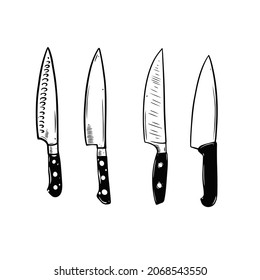 Set of kitchen knives drawn in bold black engraving style with textured details on a clean white background creating a strong culinary illustration.