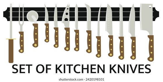 A set of kitchen knives. Knives of flat design with bright handles. Kitchen logo. EPS 10.​