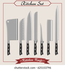Set kitchen knives. Isolated image. Poster for kitchen.