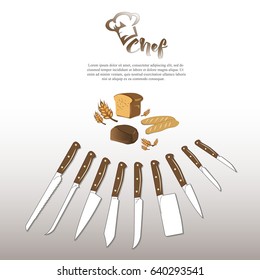 Set of kitchen knives logo hat chef bread