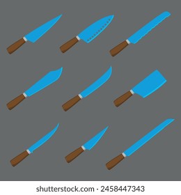 A set of kitchen knives for meat, fish, vegetables and more. Vector illustration.