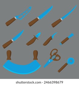 Un juego de cuchillos de cocina para carne, pescado, verduras y más. Ilustración vectorial.