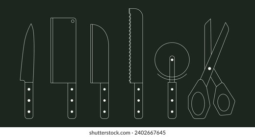 Juego de cuchillos de cocina sobre fondo de pizarra. Pellejo, verdura, filete, santoku, cuchilla, picadora de pizza, cuchillo, tijeras. Ilustración vectorial plana. La tiza de utensilios de cocina. Estilo abstracto de moda.