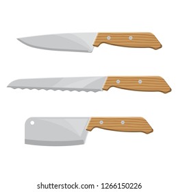 A set of kitchen knives on the isolated background. Tools for cutting with the wooden handle. Elements for design. A vector illustration in flat style.