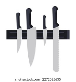 set of kitchen knives on a magnetic holder