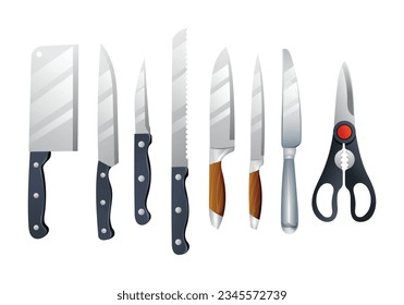 Set of kitchen knives and scissor. Kitchenware vector illustration isolated on white