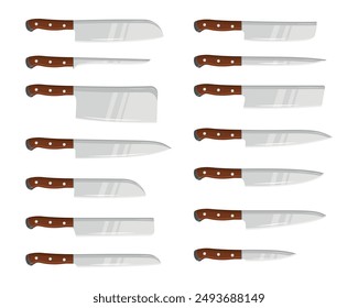 A set of kitchen knives, types of cutlery, and a meat cleaver. Kitchen knives with a brown handle. 