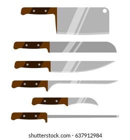 Set of kitchen knives. Kitchen utensils. Vector knife. Isolated on white background.